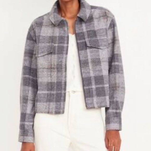 Old Navy Shacket Gray Relaxed Shirt Jacket Plaid Womens Size XL Zip Front - Picture 1 of 8
